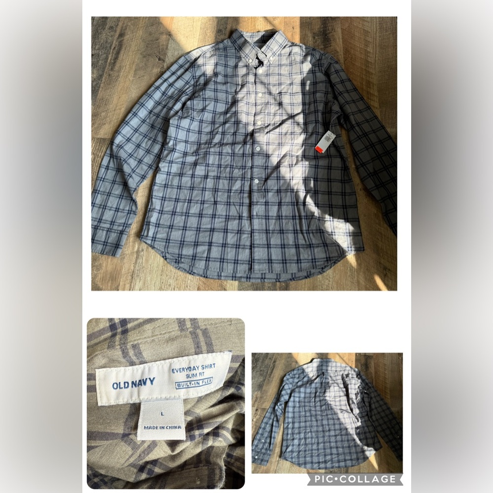 NWT Old Navy Men's Blue and Green Checkered Shirt Large Slim Fit